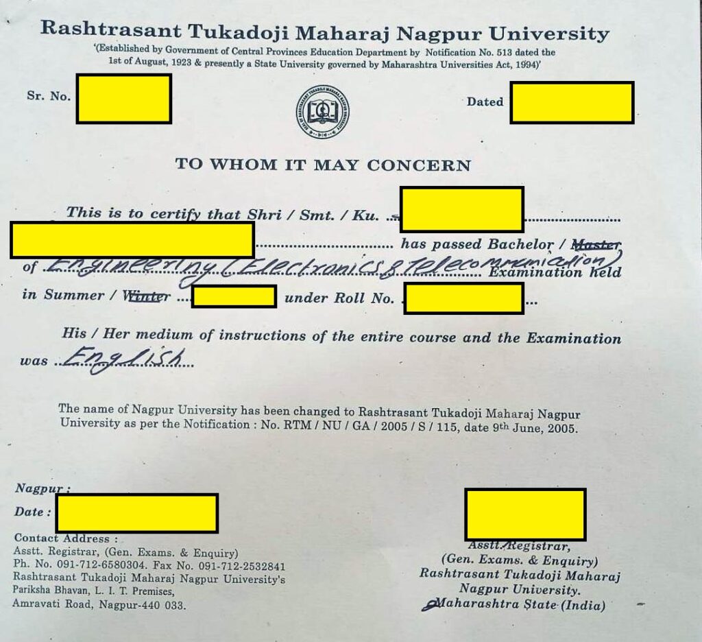 medium of instruction certificate from nagpur university